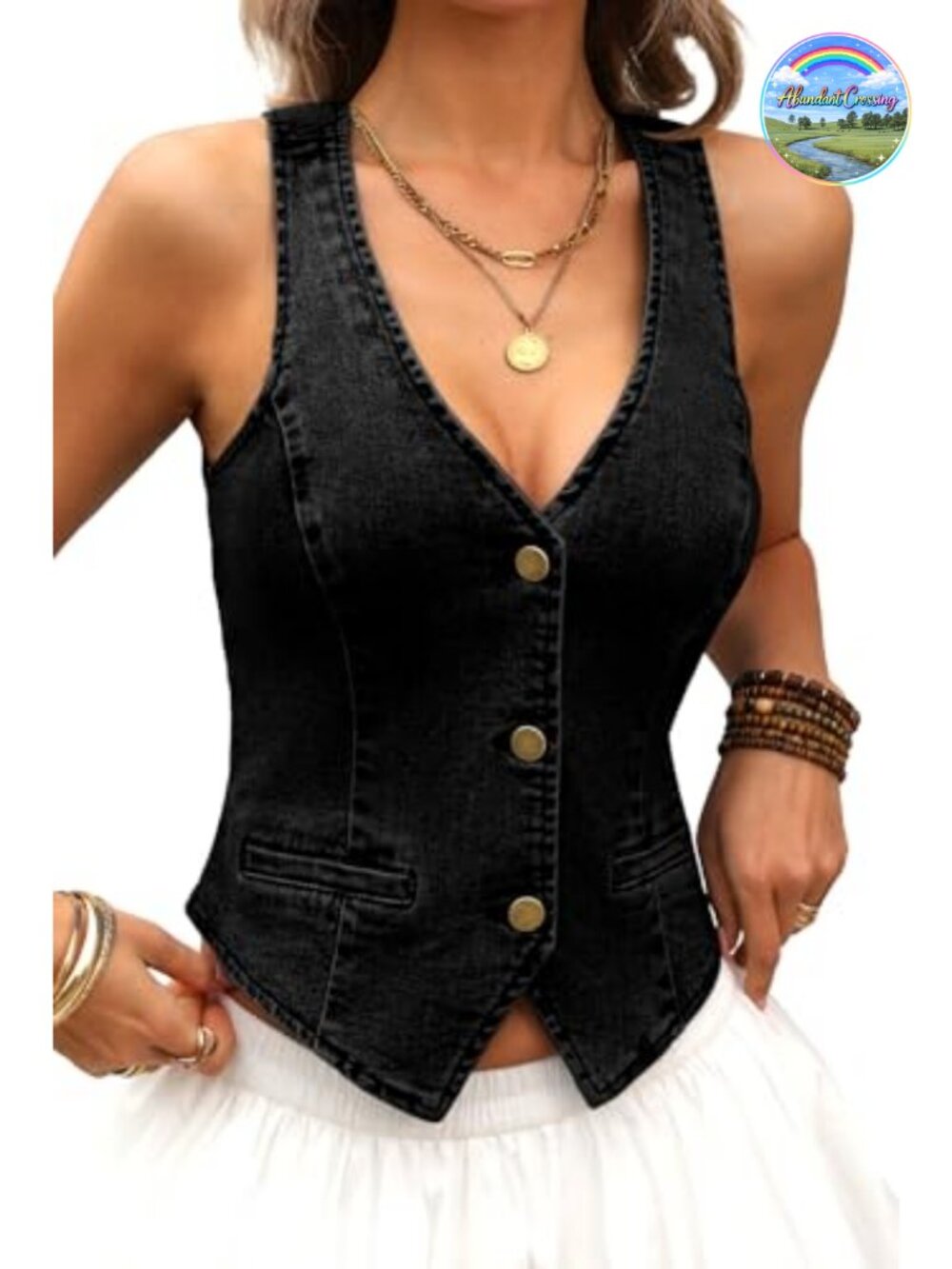 Women's Cropped Denim Vest Stretch Western Faux Pockets V-Neck